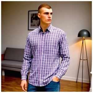 Tom James Men’s Button-Down Shirt. Purple, Gray, Black, White. 17”